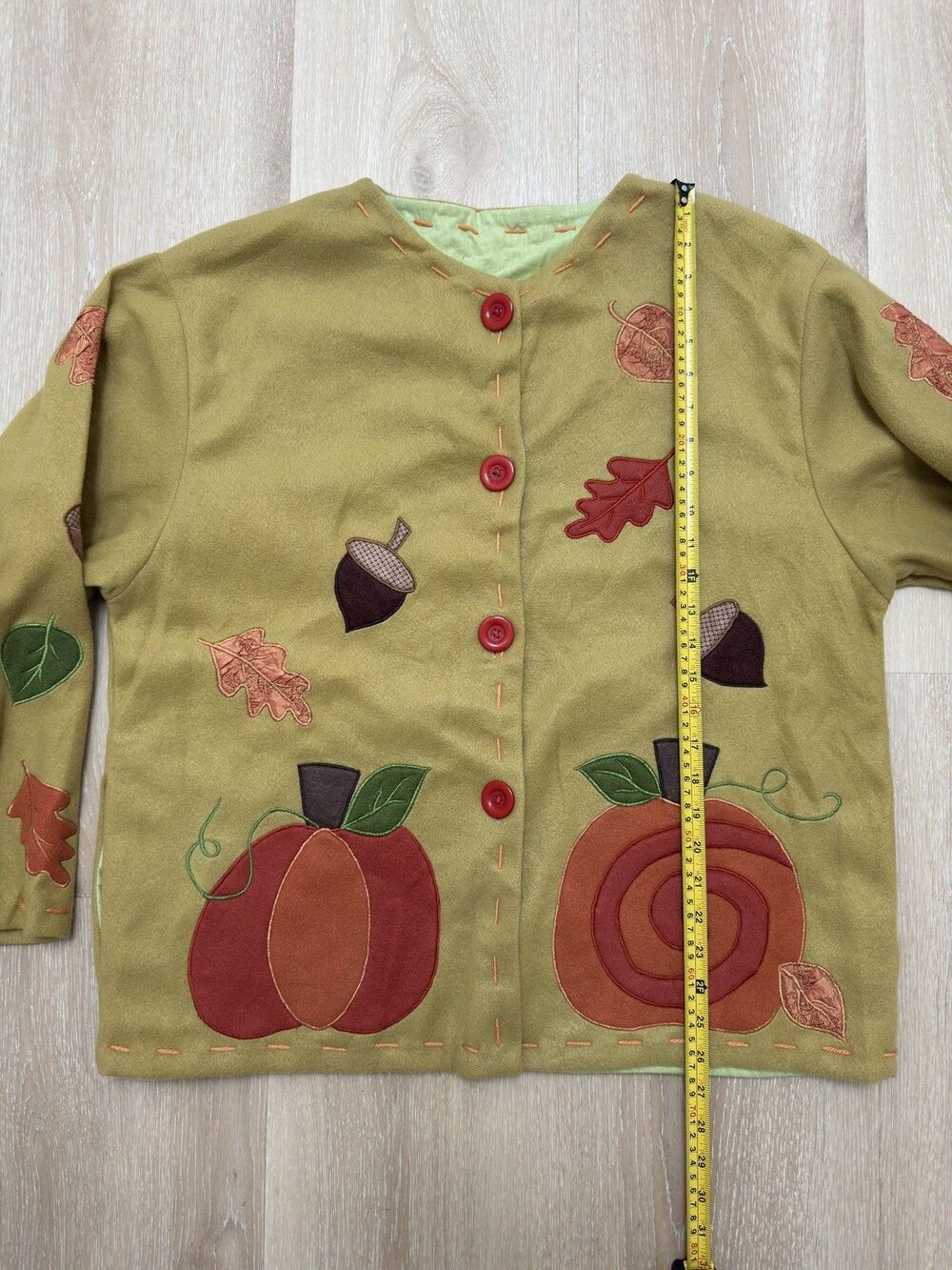 VTG 90s Y2K Autumn Pumpkin Leaf Applique Fleece Jacket Mustard Cardigan L Lined - Picture 9 of 16